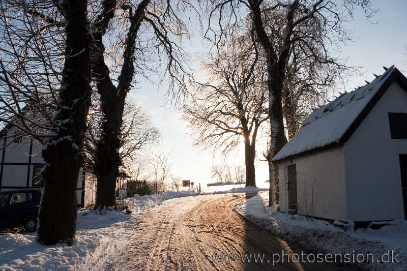 Vintersol over sneen på Eriksholmvej